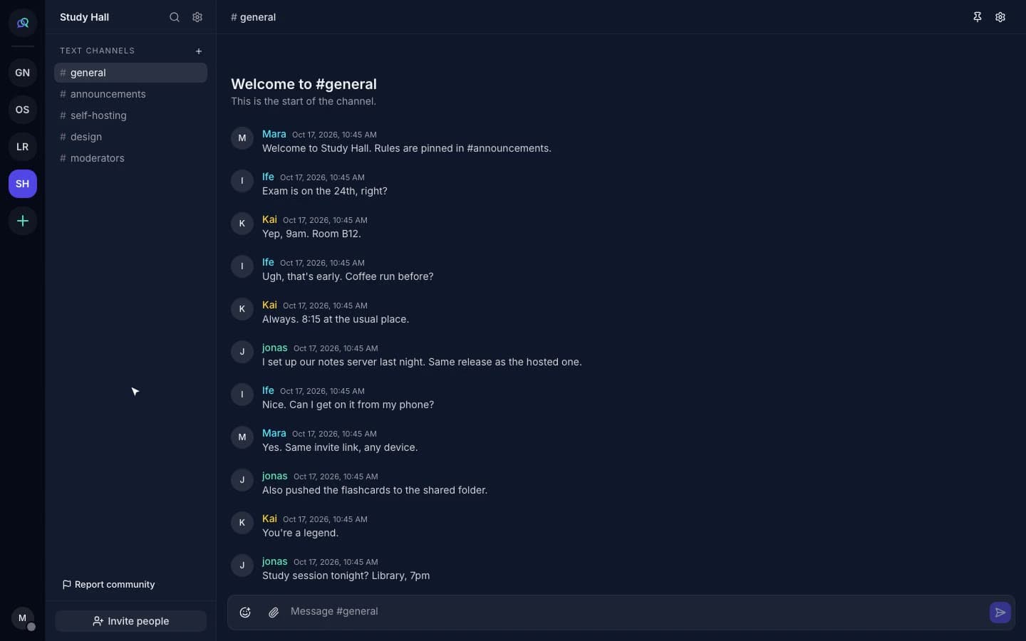 openDiscord chat interface with community channels and threaded conversations in the product demo